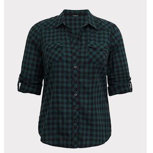 GREEN AND BLACK PLAID TWILL CAMP SHIRT